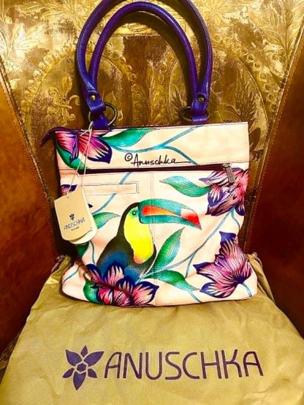 NWT ANUSCHKA Tropical Toucan One-of-A-Kind Hand Painted Leather Shopper Totebag